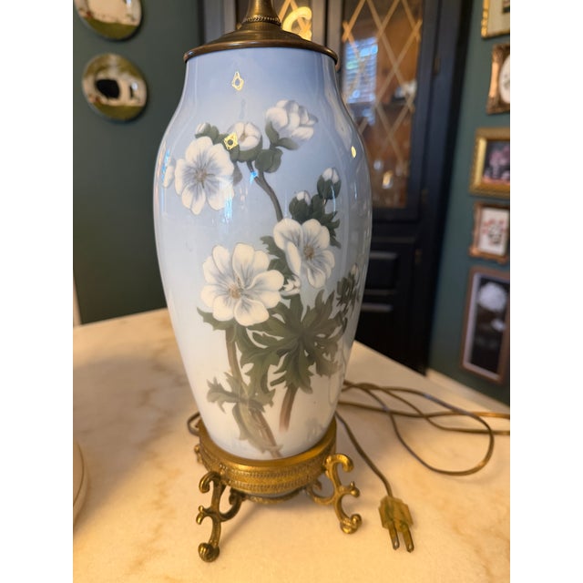 Metal Vintage Bing & Grondahl Copenhagen Danish Porcelain Floral Vase Table Lamp With Brass Footed Base For Sale - Image 7 of 14