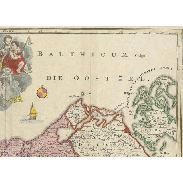 Antique Map of Mecklenburg-Vorpommern by J.B. Homann, c.1720 Old colored antique map of Mecklenburg-Vorpommern by Johann...