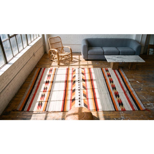 1930s Ivory Cream Geometric Stripe Antique American Navajo Rug Flat Woven 4'2" X 6'2" Wool Carpet For Sale - Image 9 of 9