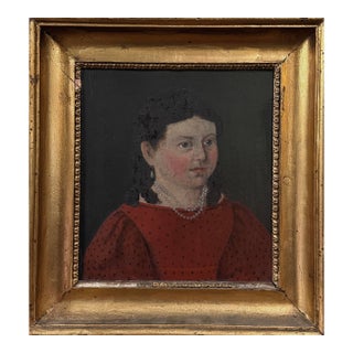 19th Century Danish Folk Art Portrait of Young Girl in Red Dress With Pearl Necklace (Oil on Board) For Sale