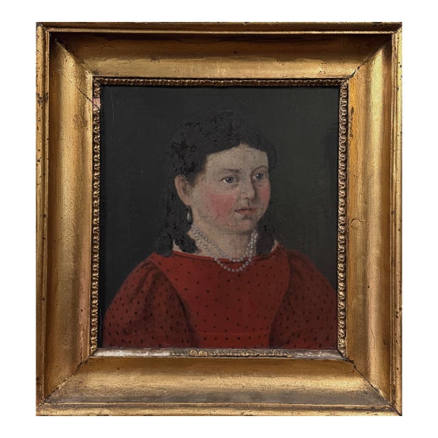 19th Century Danish Folk Art Portrait of Young Girl in Red Dress With Pearl Necklace (Oil on Board) For Sale