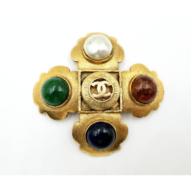 Chanel 1980s Chanel Rare Vintage Gold Plated CC Stone Pearl Cross Large Brooch Pendant Necklace For Sale - Image 4 of 9