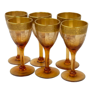 Set of 6 Mid 20th Century Tiffin-Franciscan Gold-Rimmed Hand Blown Glass Cordial Glasses in Melrose Amber Pattern