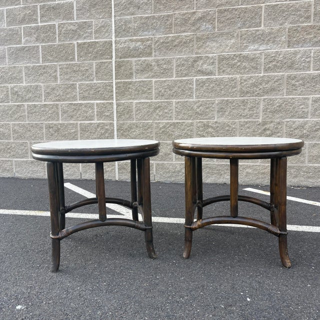 Wood Vintage Rattan and White Laminate Round Side Tables - a Pair For Sale - Image 7 of 13