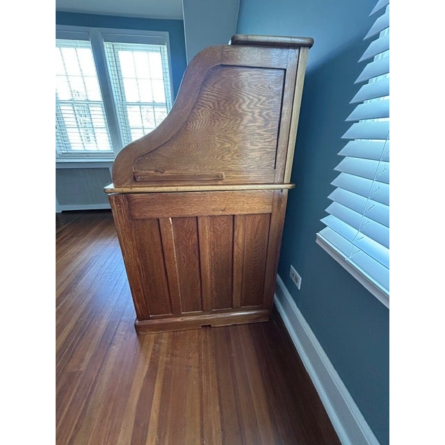 Rare Antique Oak S-Curve Roll Top Desk by Myrtle Desk With Vintage Pioneer Manufacturing Oak Desk Chair For Sale In New York - Image 6 of 18