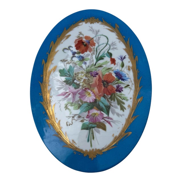 Antique 19th C Sevres Style Hand Painted Porcelain Floral Plaque Blue Gilt For Sale