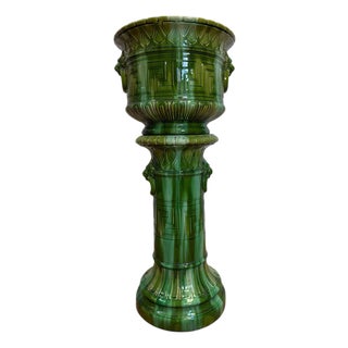 Early 20th Century Brush-McCoy "Green Onyx" Majolica Jardiniere and Pedestal Set - Shape #1160 For Sale