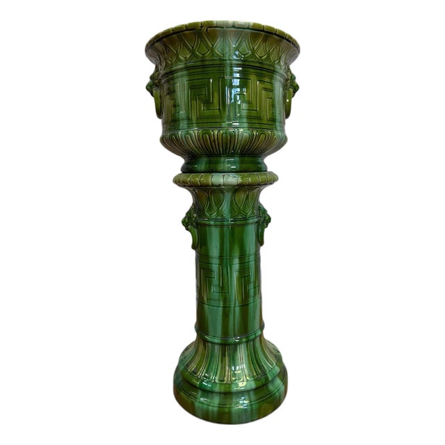 Early 20th Century Brush-McCoy "Green Onyx" Majolica Jardiniere and Pedestal Set - Shape #1160 For Sale