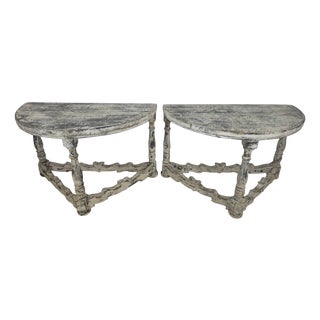 Distressed Gray and White Demi-Lune Wall Consoles, 1990s, Set of 2 For Sale