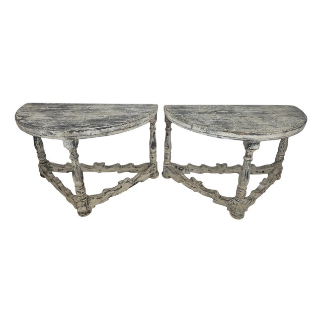 Distressed Gray and White Demi-Lune Wall Consoles, 1990s, Set of 2 For Sale