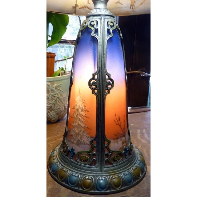 Miller Lamp Company 1910s Miller Phoenix Art Deco Winter Landscape Reverse Painted Lamp – Ice Chip Glass – Illuminated Base – Penny Marshall Estate For Sale - Image 4 of 18