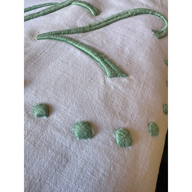 French Antique French Linen Sheet, Jl Monogram With Sage Green Embroidery, Circa 1920 For Sale - Image 3 of 11