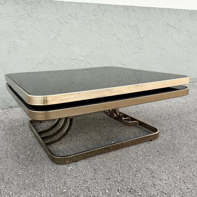 DIA - Design Institute America Art Deco Gold and Black Glass Swivel Top Two Tier Coffee Table For Sale - Image 4 of 12