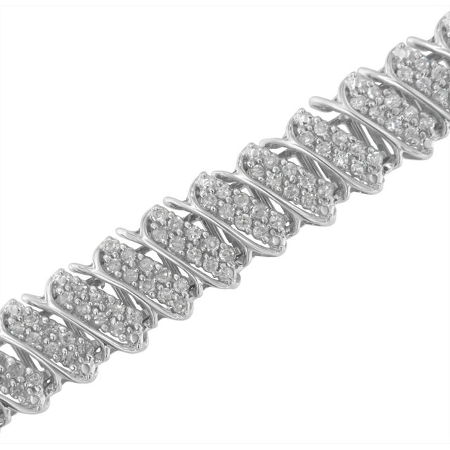 .925 Sterling Silver 3.0 Cttw Diamond Multi Row Cluster Slanted Wave Link Tennis Bracelet For Sale - Image 4 of 7