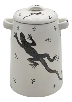 1980s Emilia Castillo Porcelain & Silver Lidded Container With Lizards, Taxco Mexico