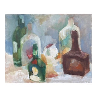 1960s Oil on Panel Still Life of Bottles, Signed "Resnick". For Sale
