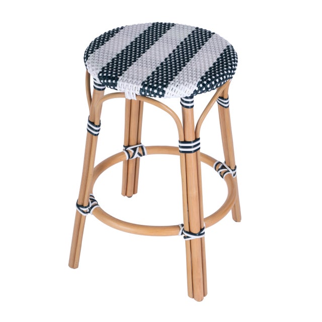 Wood Tobias 24 in. Seat Height Round Rattan Backless Counter Stool, White/Navy Stripe/ Natural Rattan Frame For Sale - Image 7 of 7
