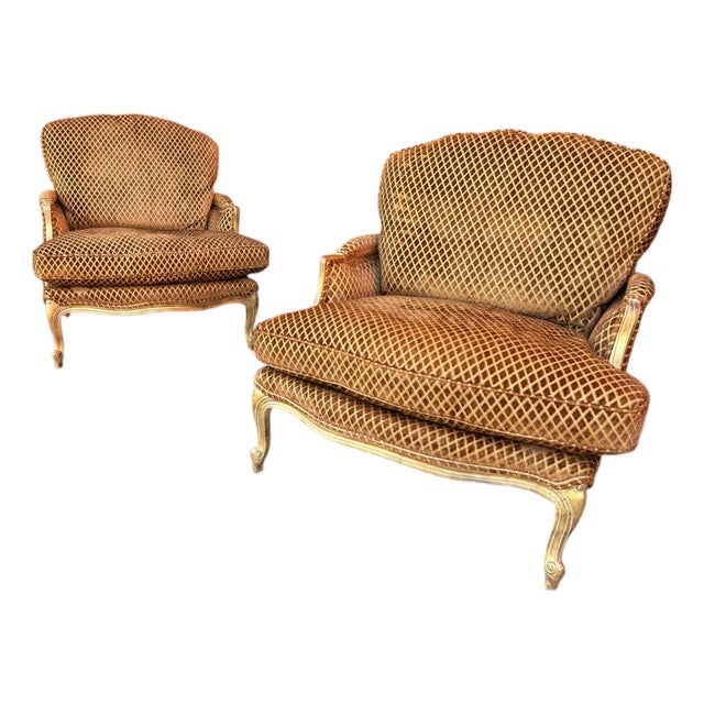 Custom-Made Louis XV–Style Giltwood Bergère Chairs in Diamond-Patterned Velvet (A Pair) For Sale