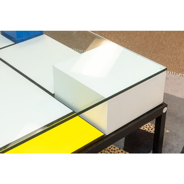Postmodern Custom Made Piet Mondrian Style Postmodern Square Glass and Wood Coffee Table For Sale - Image 3 of 10