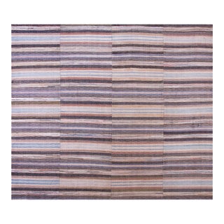 1900s Multicolor Stripe Antique American Rag Rug 10'8" X 12'0" Flatweave Wool Carpet For Sale