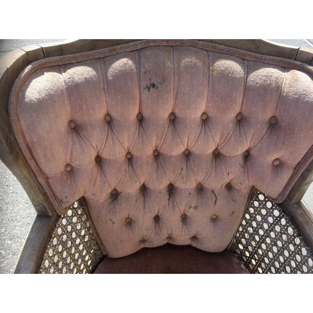 French Provincial Vintage French Provincial Style Caned Club Armchair Chair Heavy Wear For Sale - Image 3 of 9