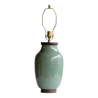 Lawrence & Scott Lagom Handspun Porcelain Table Lamp in Aqua Crackle With Walnut Base For Sale