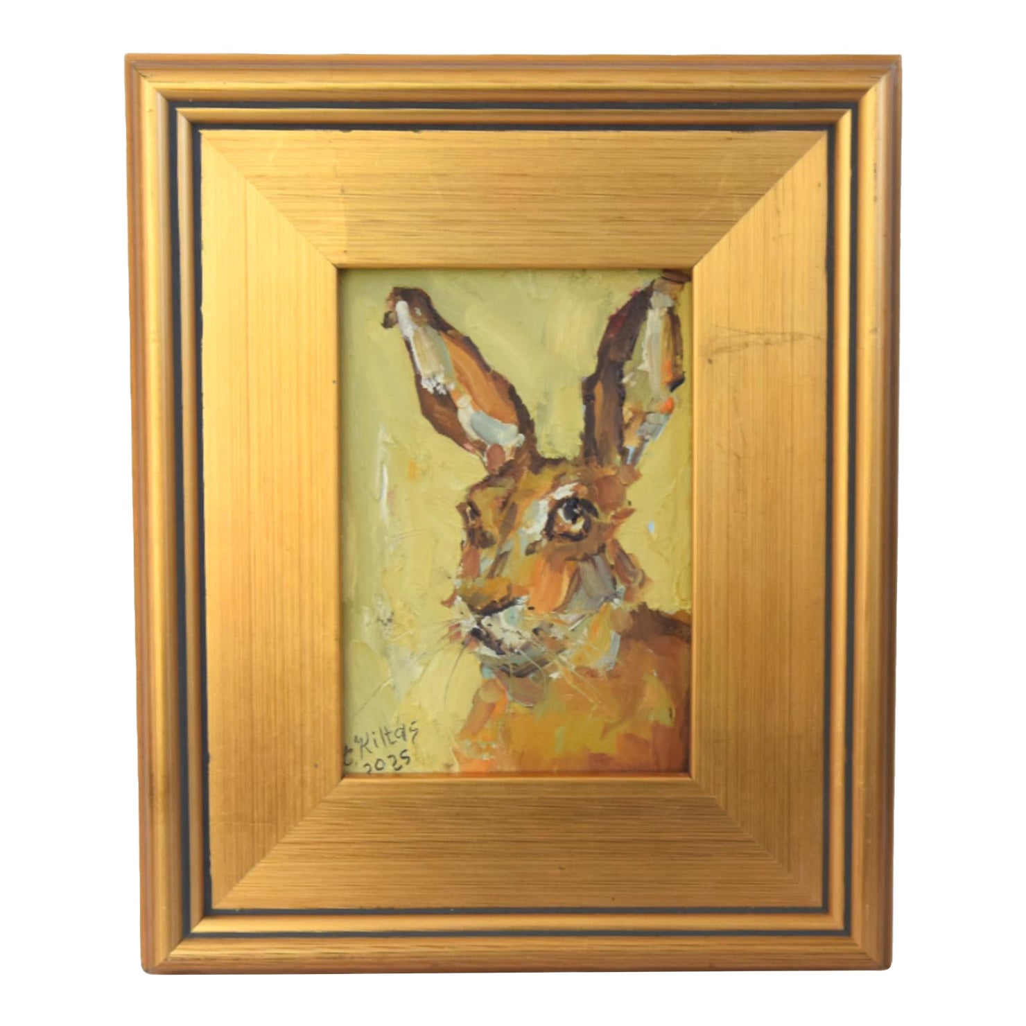 Impressionist Rabbit Hare Oil Painting Including the Antiqued Gold Wood ...