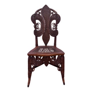 Antique Art Nouveau "Fleur De Lis" Wicker & Cane Solid Wood Accent Chair in the Style of Heywood-Wakefield For Sale