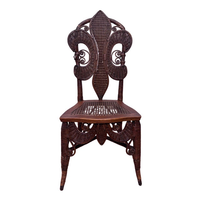 Antique Art Nouveau "Fleur De Lis" Wicker & Cane Solid Wood Accent Chair in the Style of Heywood-Wakefield For Sale