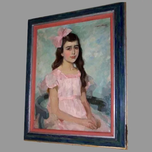 1920s "Portrait of a Girl in Pink" Oil Painting, Framed For Sale In Denver - Image 6 of 6
