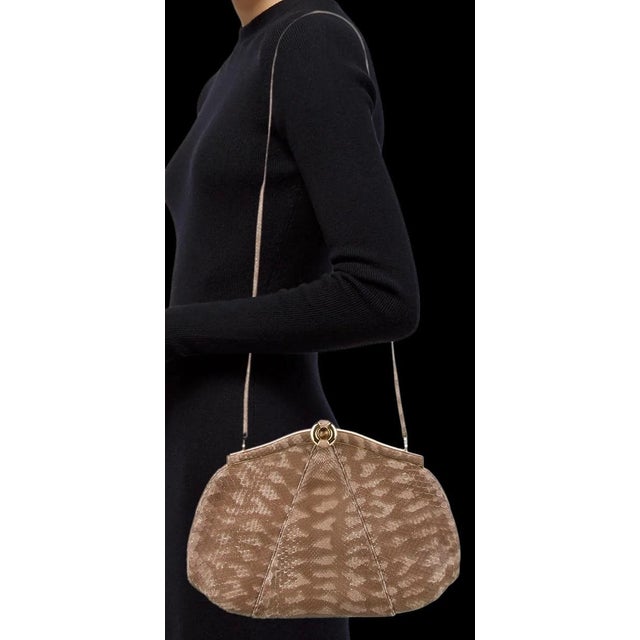 Contemporary 90s Judith Leiber Pouch Snakeskin Tan Beige Clutch Shoulder Bag Tiger Eye Gemstone Vintage For Sale - Image 3 of 16