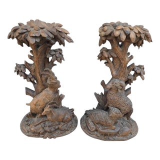 Antique Black Forest Carved Wooden Hunting Candlesticks, 1880, Set of 2 For Sale