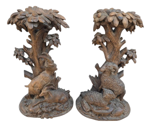 Antique Black Forest Carved Wooden Hunting Candlesticks, 1880, Set of 2