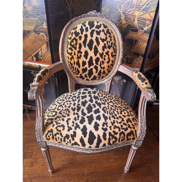 Vintage Louis XVI Chair in Velvet Cheetah Upholstery and Chippy Gold Paint/ Lime Finish. Excellent Sturdy condition, no...