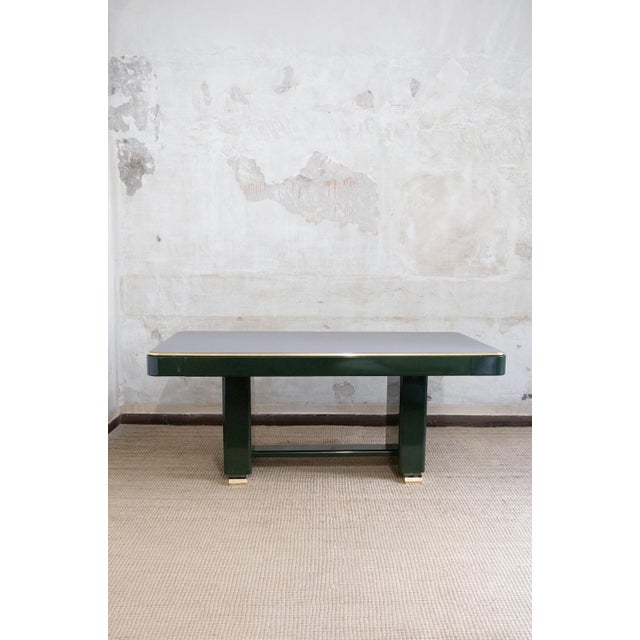 Green Lacquered Console Table with Leather Top and Brass Details, 1970s For Sale - Image 3 of 8