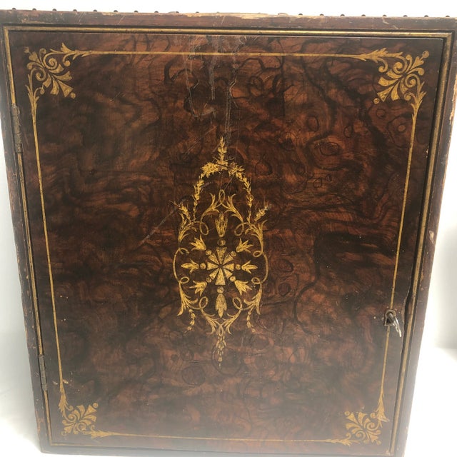 Antique English circa 1900-1920 faux bois traveling medicine cabinet with line "inlay" and dovetailed case. Comes with key...