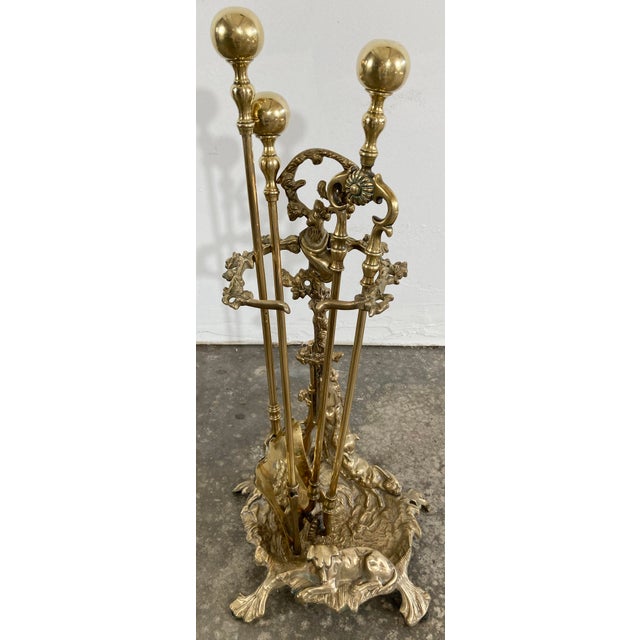 Figurative Antique Art Nouveau Style Brass Fireplace Tools on French Hunting Motif Stand For Sale - Image 3 of 14