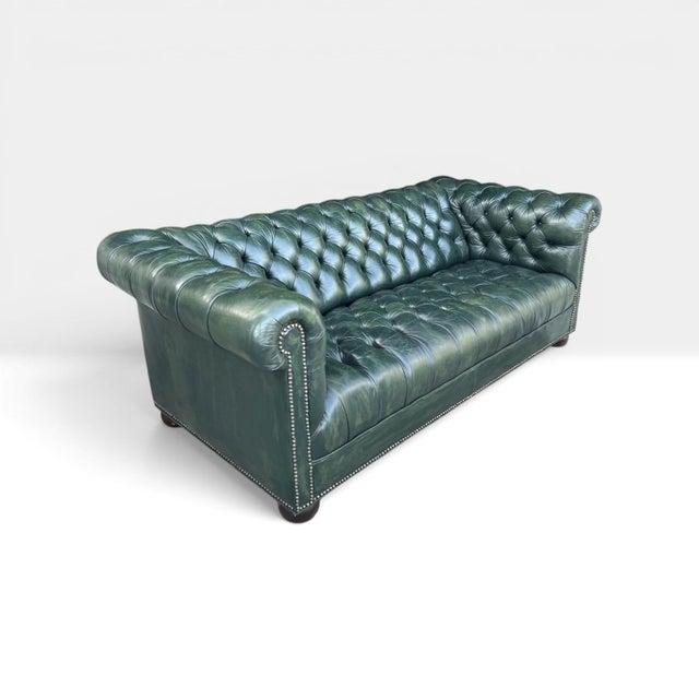 English 1960s Classic English Traditional Chesterfield Sofa in Rich Dark Green Leather- Brass Nail Head Trim For Sale - Image 3 of 11