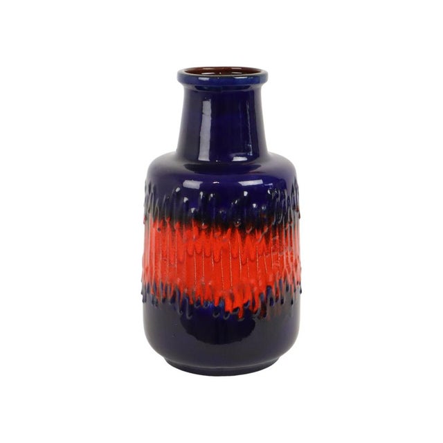 Large vintage Scheurich vase, blue glazed ceramic with an orange "Fat Lava" band around the middle; West German pottery...