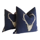 Uncle Buck Navy Blue Antler Pillows - a Pair For Sale