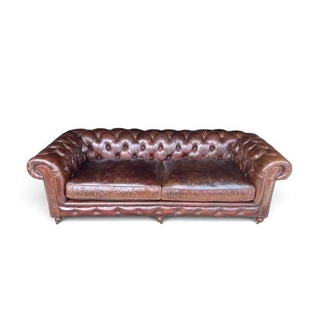 Restoration Hardware Chesterfield Cognac Leather Sofa With Brass Nailhead & Casters For Sale - Image 18 of 18