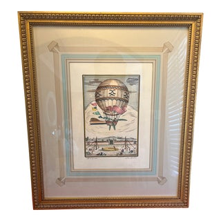 Vintage Hand-Colored Etching by Franco Rainaldi. Hot Air Balloon- For Sale
