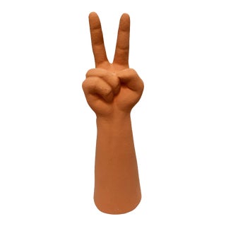 Rustic Terracotta Figural Peace Sign Gesture/Sculpture For Sale