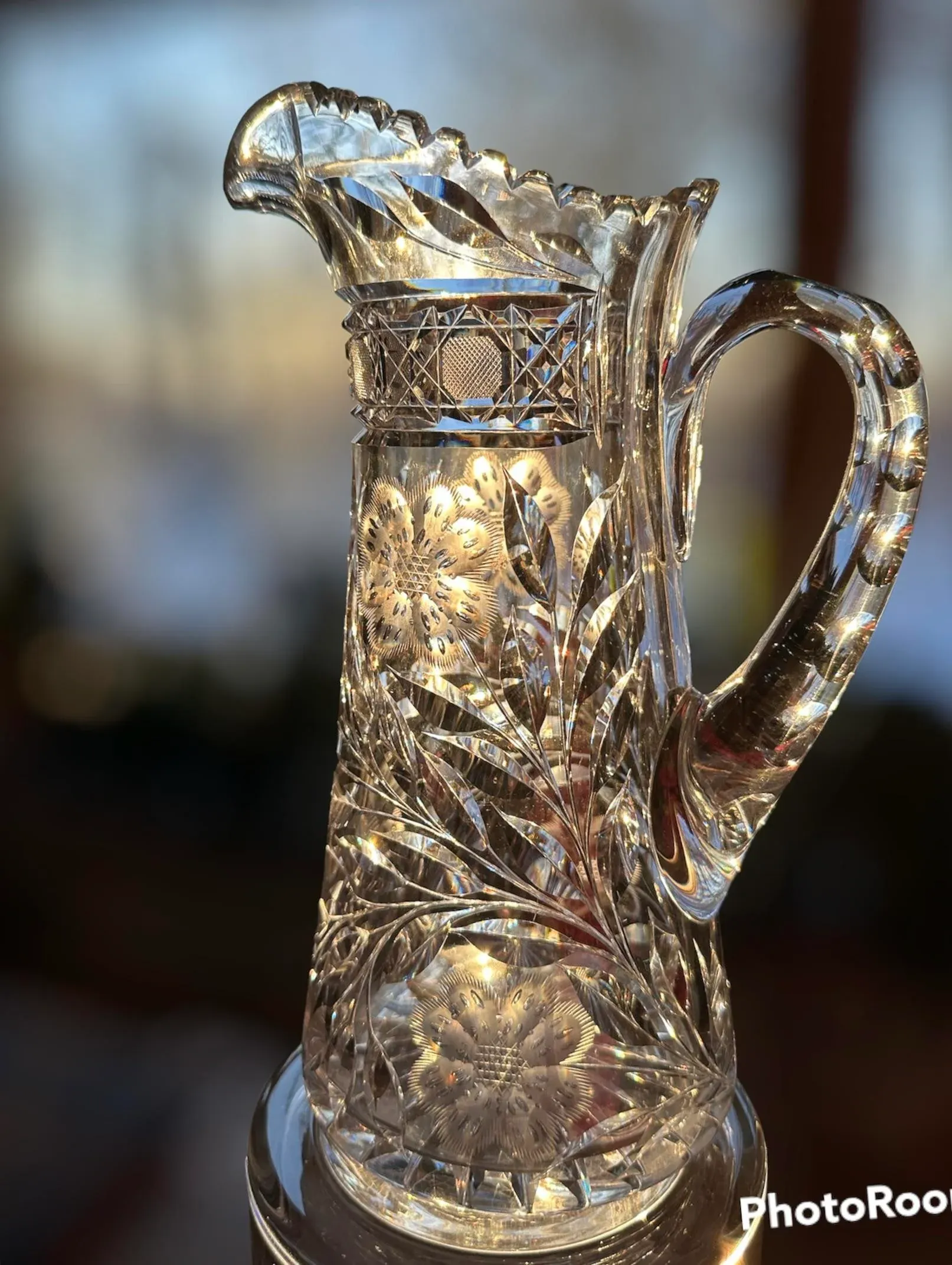 Antique Hand Cut Crystal Pitcher Tumbler Glass Set American Brilliant  Period by Meriden- 6 Pieces