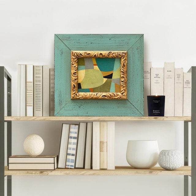 This is a new abstract color-block oil painting exploring colors and shapes. The oil painting is done on a hardboard...