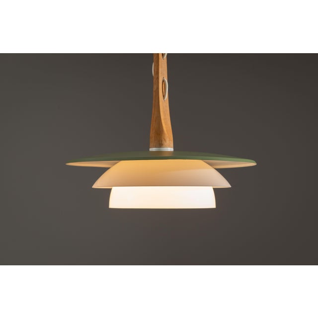 Pendant Light in Oak Wood with Green Shade and Glass, 1960s For Sale - Image 4 of 12