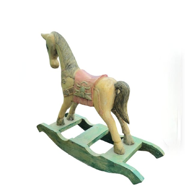 1990s Vintage Solid Wood Carved Pastel Colored Decorative Rocking Horse Decor Statue For Sale - Image 5 of 8