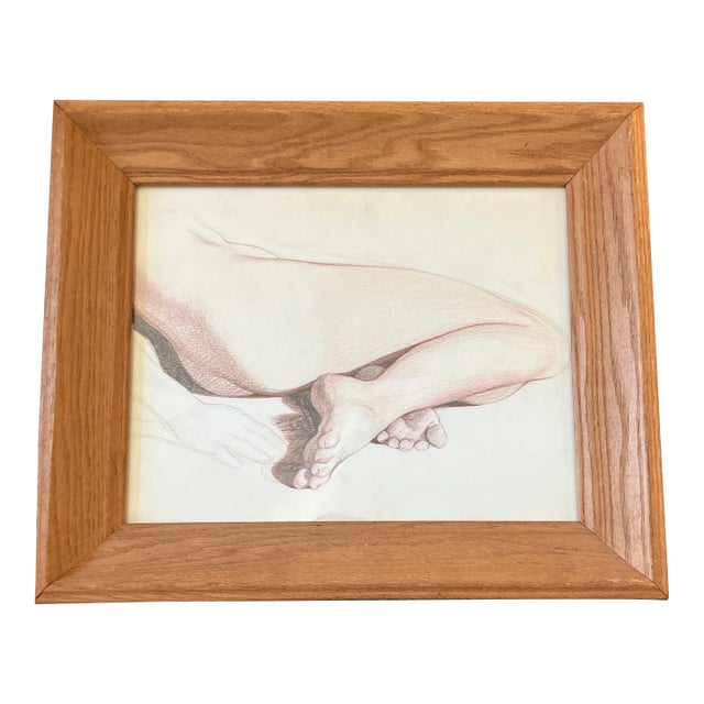 1970’s Vintage Original Colored Pencil Nude Figure Drawing Mid Century Oak Frame For Sale