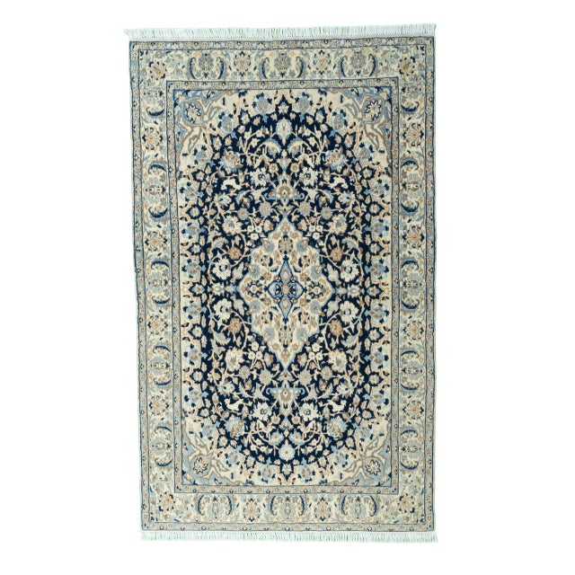 Hand-Knotted Nain 9la Oriental Rug 195 X 120 Cm Fine Wool & Silk, Medallion, Blue-Beige For Sale - Image 13 of 13