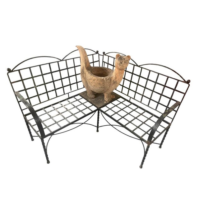 Vintage Wrought Iron Corner Bench With Terracotta Cat Statue Planer For Sale In West Palm - Image 6 of 12